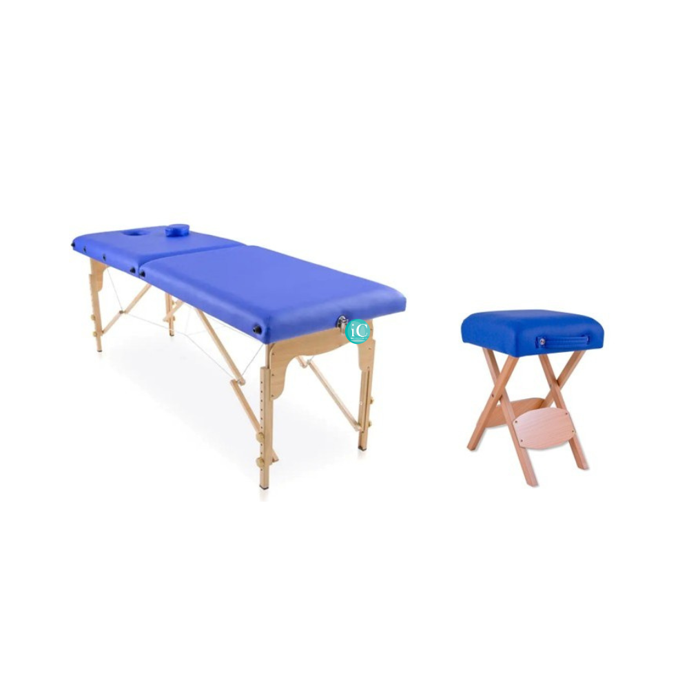 Icosmetics Ξύλινο Φορητό Κρεβάτι Μασάζ - Φυσικοθεραπείας & Ξύλινο Φορητό σκαμπό Μπλε - Image 2